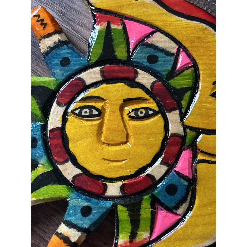 Colorful Carved Wooden Sun And Moon Wall Art Decor Hand Painted Celestial Bright